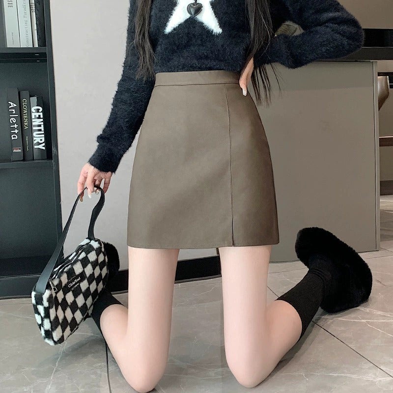 Split Korean Pu Leather Skirt Women'S 2024 Winter New High Waist Hip Skirt Slim A- Line Skirt - Image 4